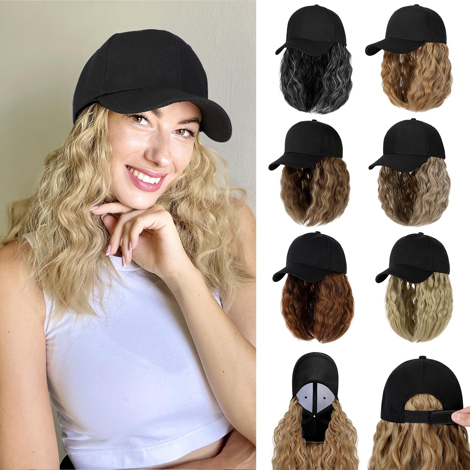 Baseball Hat Wig,Hat with Hair attached 16” Adjustable Black Cap with Wavy C…