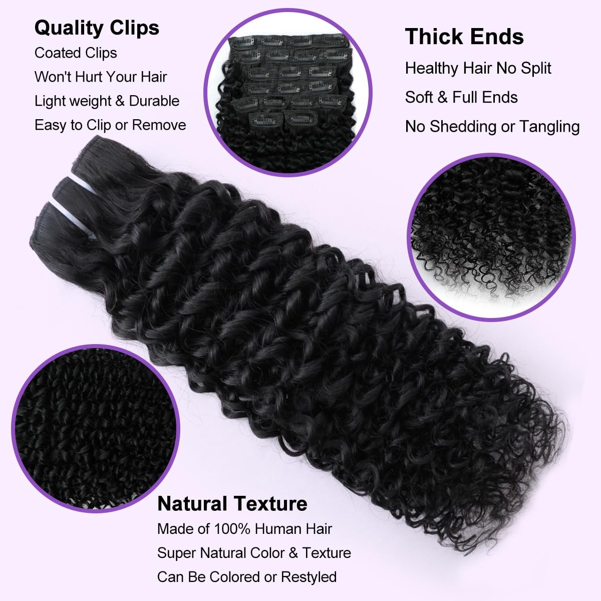 Calneshia 3C 4A Curly Clip In Hair Extensions Real Human Hair 24 Inch 110G 8Pcs
