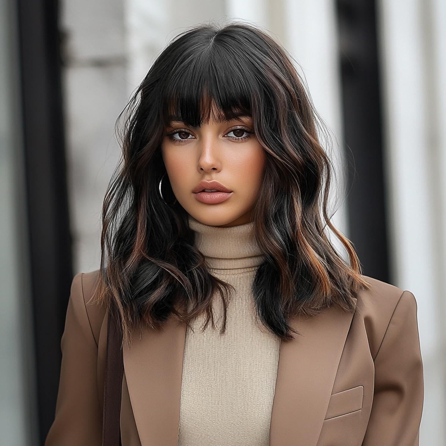 Born Free Women’s Long Curly Wig Brown with Bangs & Auburn Highlights New