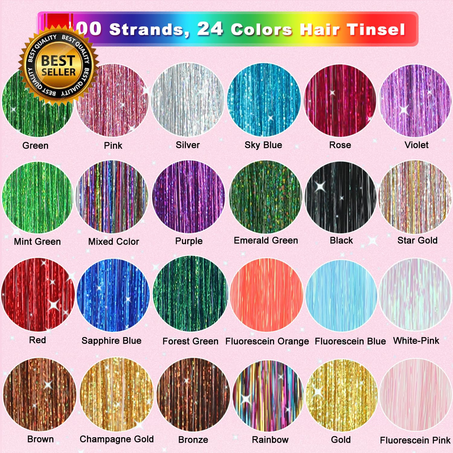 Hair Tinsel, 24 Colors 9800 Strands Hair Tinsel Kit with Tools 48 Inch Glitter T