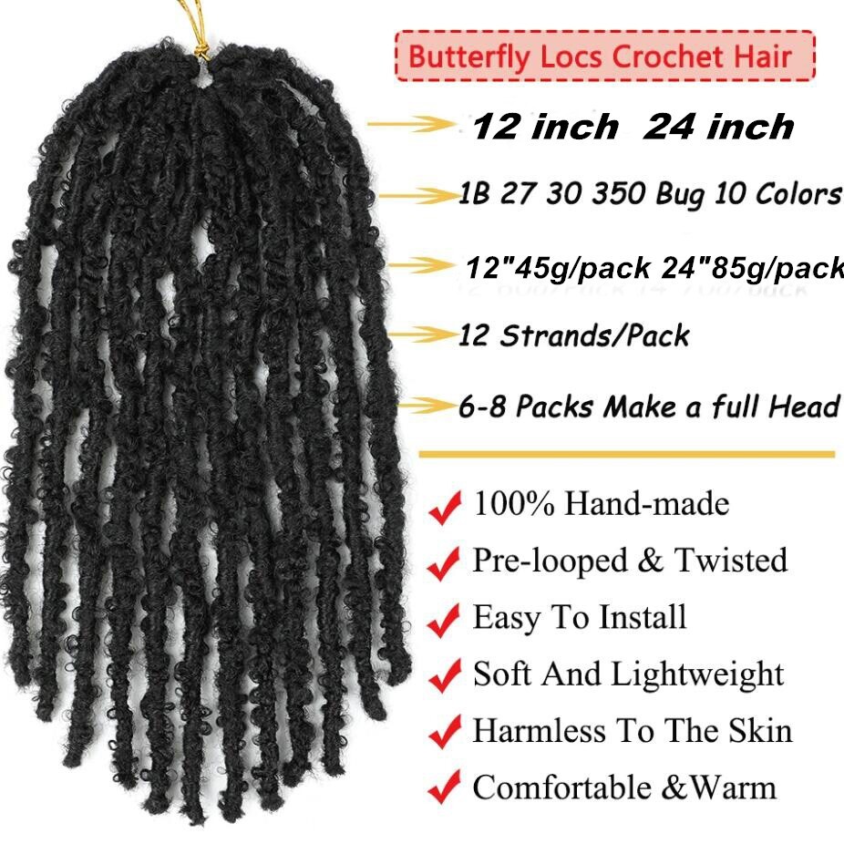 12 in 24 inch Butterfly Faux Locs Crochet Hair Braids Pre looped Crochets Braids