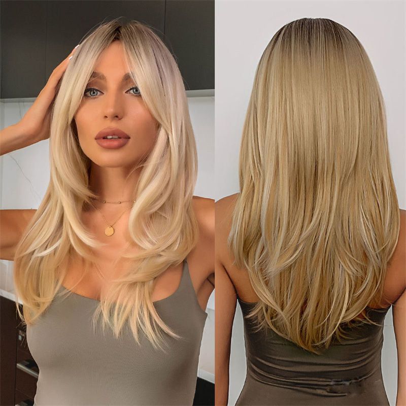 Women Wig Fashion Gradient Golden Fiber Wig High-Temperature Eight-Character