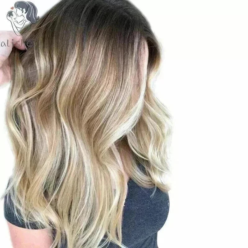 100% Human Hair New Women’s Long Natural Brown Mix Blond Wavy Wig 20 Inch