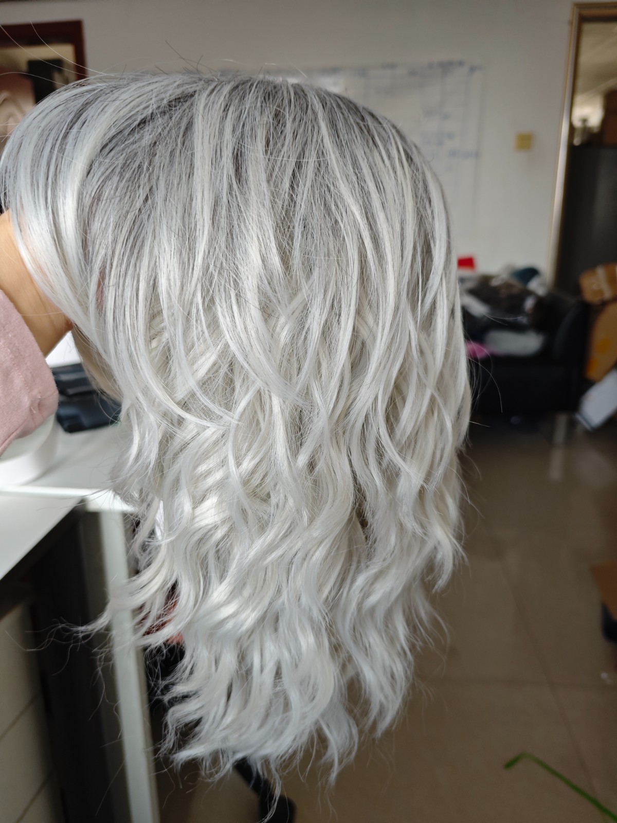 Ombre Silver Gray Bob Wig with Bangs for White Women Short Wavy Curly Charming W