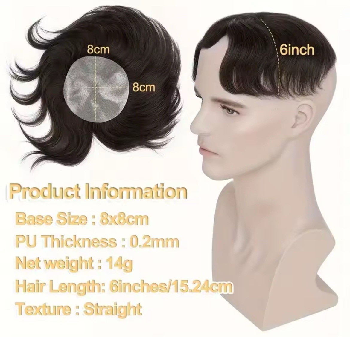 Men’s Toupee Hairpiece Tape-In Closure Straight 6in Multi Color