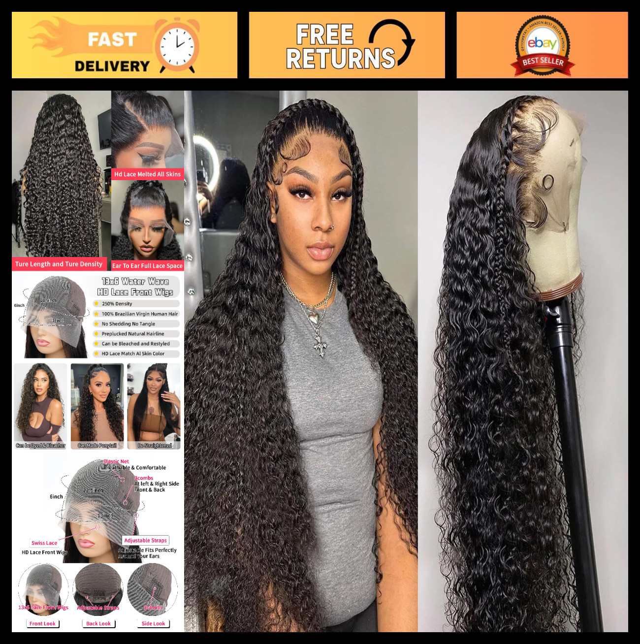 13×6 Water Wave Lace Front Wig – 10A HD Transparent Human Hair, Glueless, Pre-Pl