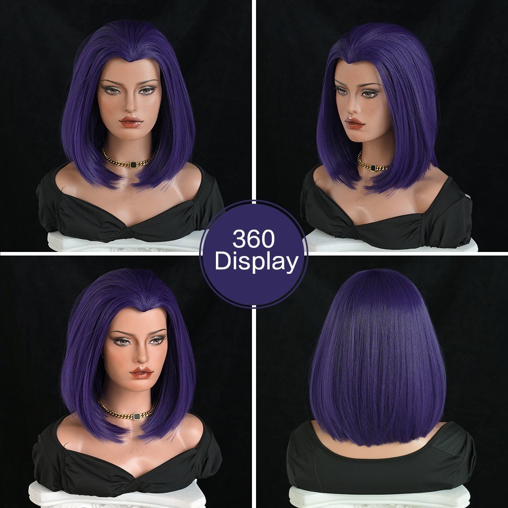 Wig girl with purple short straight hair wearing dark magic girl outfit with wig