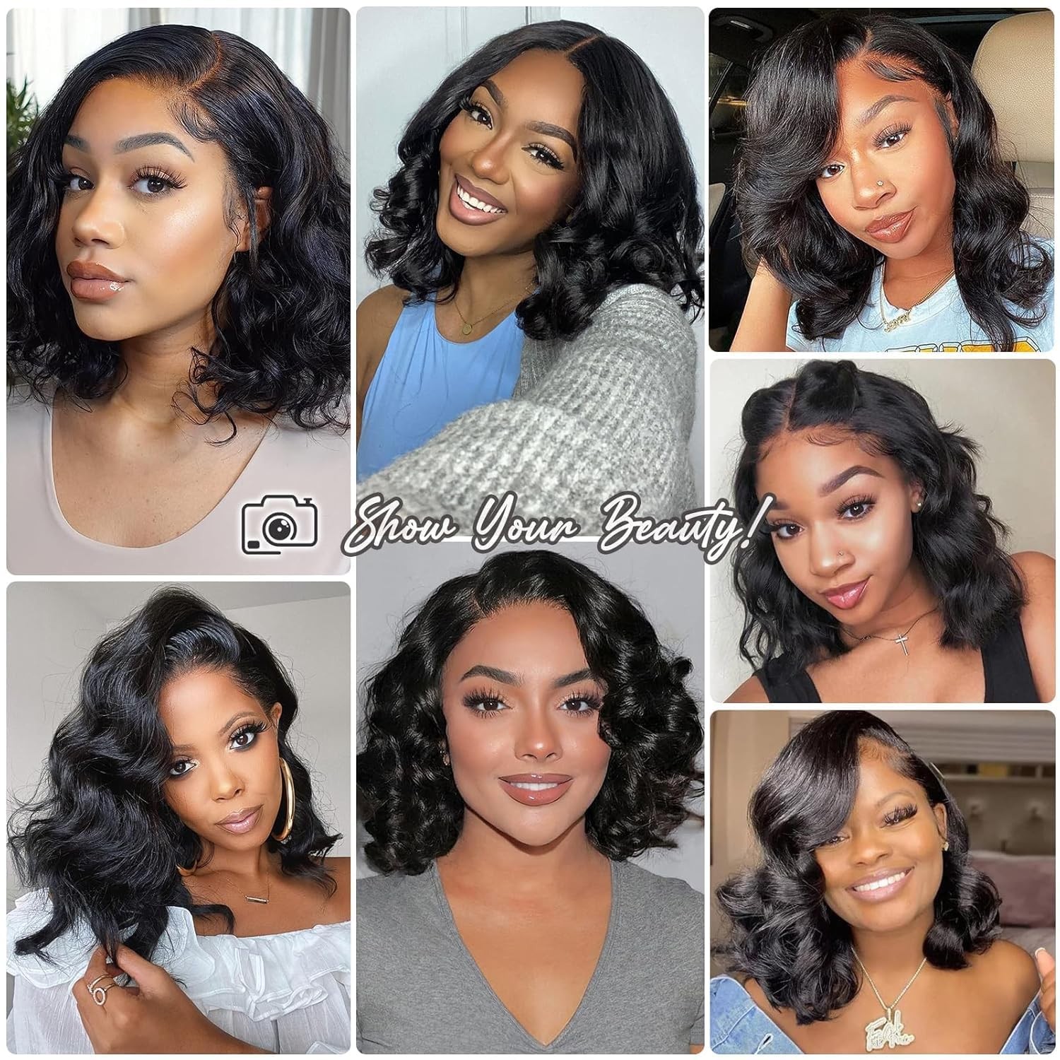 14″ Brazilian Bob Wigs Human Hair Natural Black Wave Lace Front Glueless Wigs