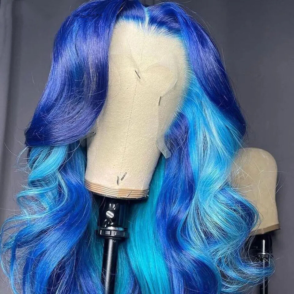 Body Wave Blue Highlight Lace Front Human Hair Wigs 180% Density Brazilian Hair