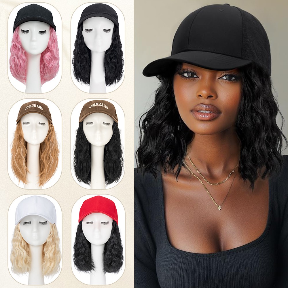 Hat with Hair Attached For Women Baseball Hat Wig Short Bob Hairstyle Synthetic