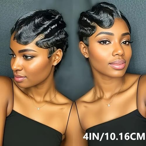 Short Black Human Hair Wig for Women – Ocean Finger Wave Pixie Cut, Glueless, Da