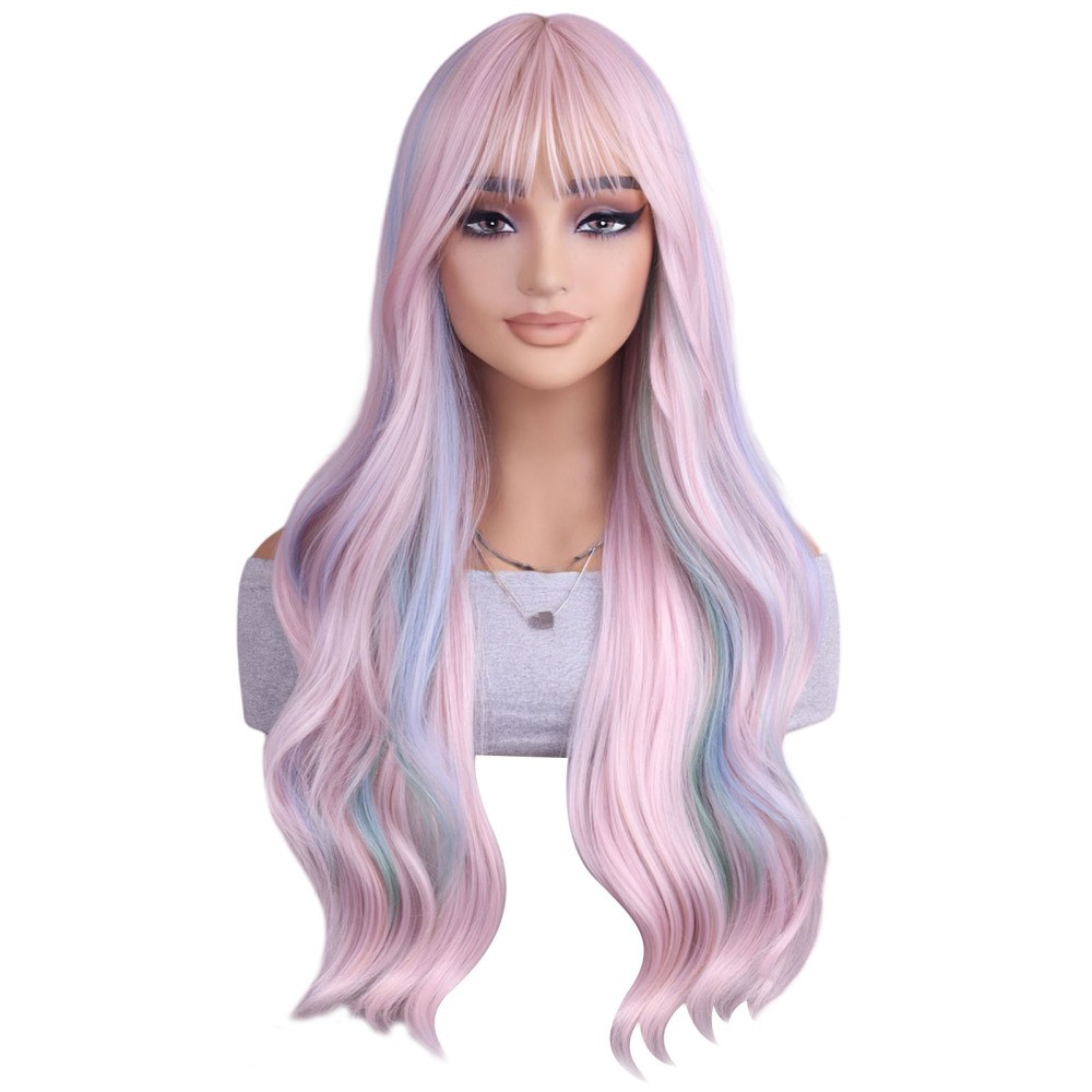 26in Women’s Elegant Gradient Pink Wig,Rose Net with Bangs,Long Wavy Curly Hair