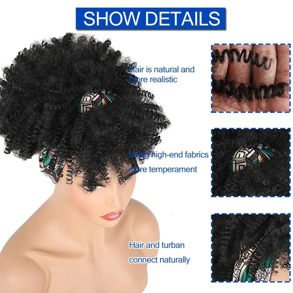 Black Soft Synthetic Short African Curly Wig For Women Headwrap fake Hair Strap