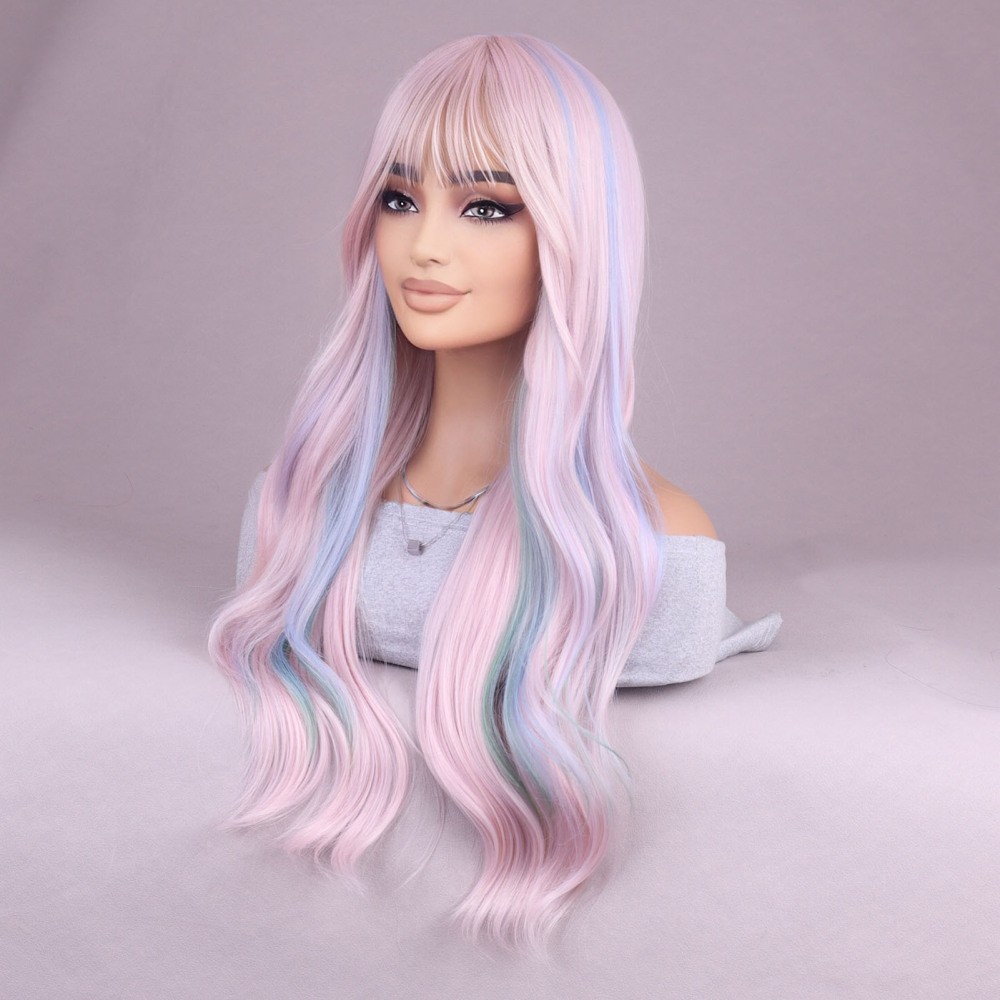 26in Women’s Elegant Gradient Pink Wig,Rose Net with Bangs,Long Wavy Curly Hair