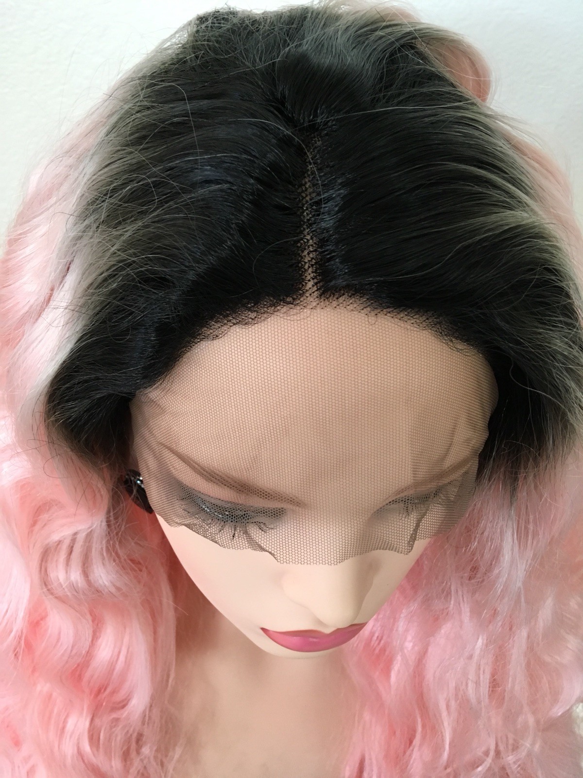 Pink Wig Lace Front Long Ombré Dark Roots Wavy Swiss Lace Wig Heat Resistant Ok