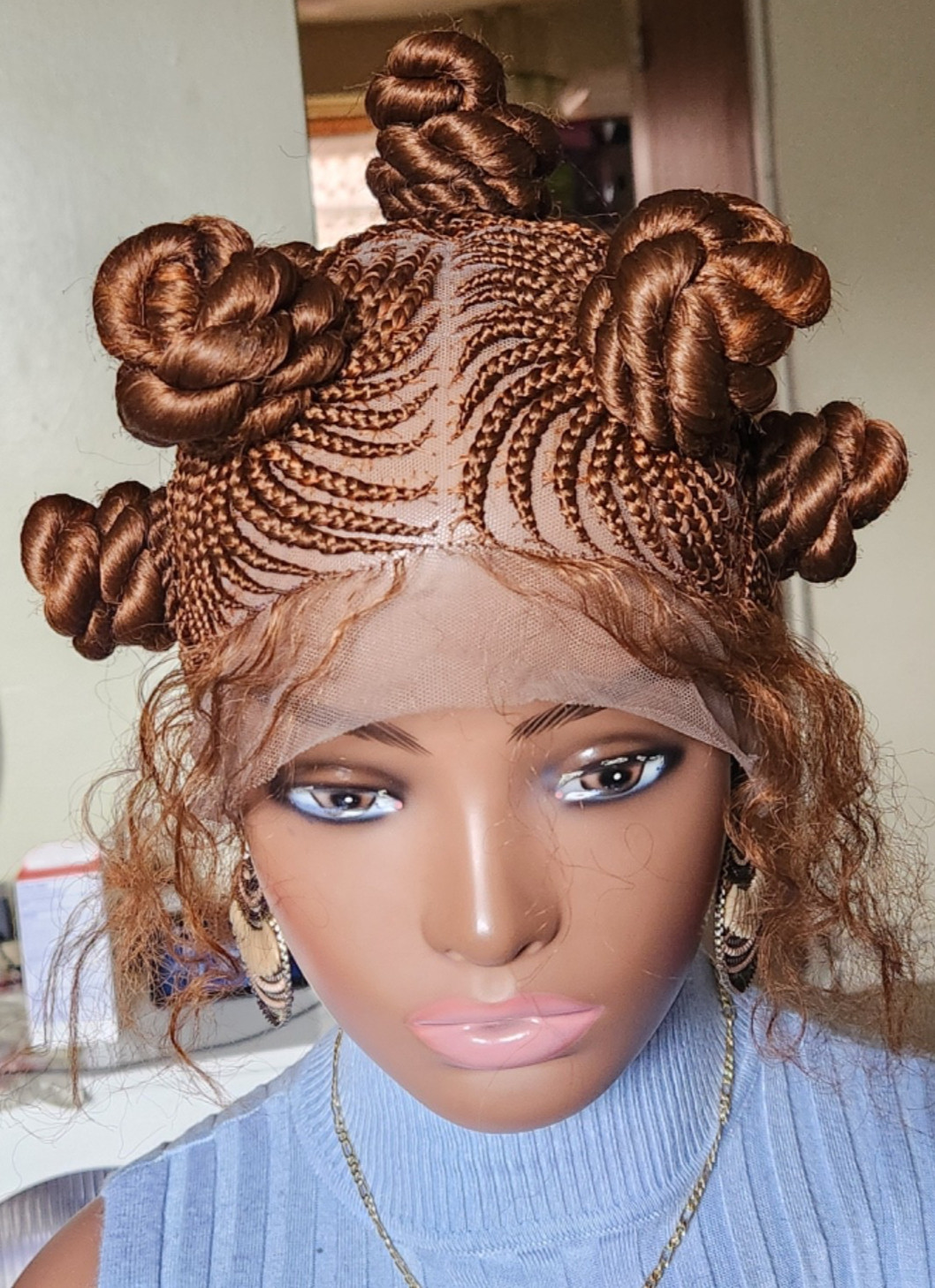 Handmade Bantu Knot Braided Full Lace Cornrow wig Brown