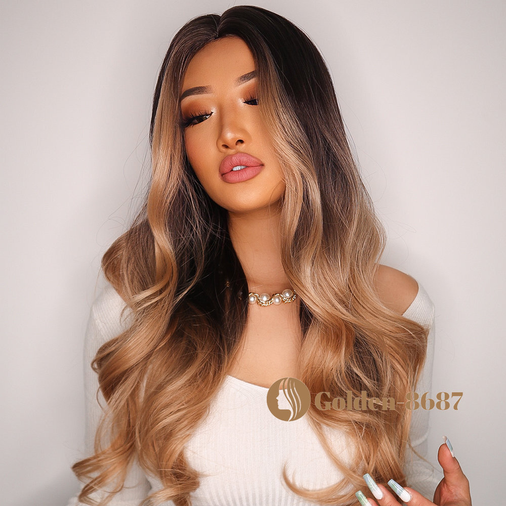Fanshion Long Wavy Ombre Brown Light Blonde Synthetic Wigs for Women Hair Wig US