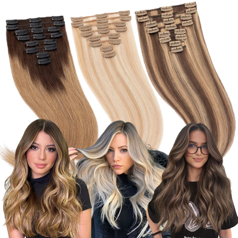 100% Clip In Remy Human Hair Extensions Full Head Black/Brown/Blonde Straight