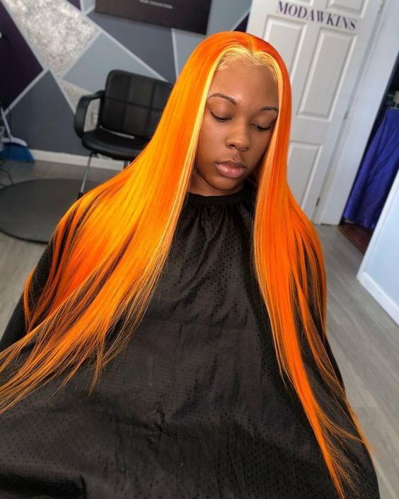 Long Straight Orange Yellow Highlight Lace Front Synthetic Heat Safe Wig Fashion