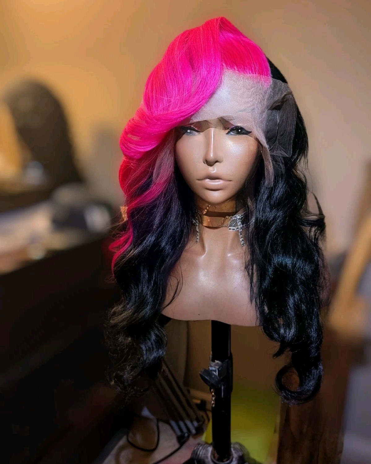 LACE FRONTAL Hot PINK AND BLACK HUMAN HAIR WIG