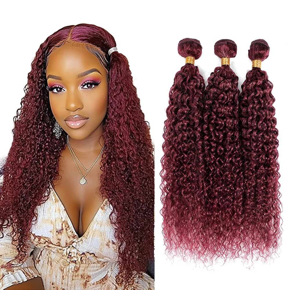 Niciitysi 99J Kinkycurly Human Hair Burgundy Bundles 14 16 18 Inch Double Weft