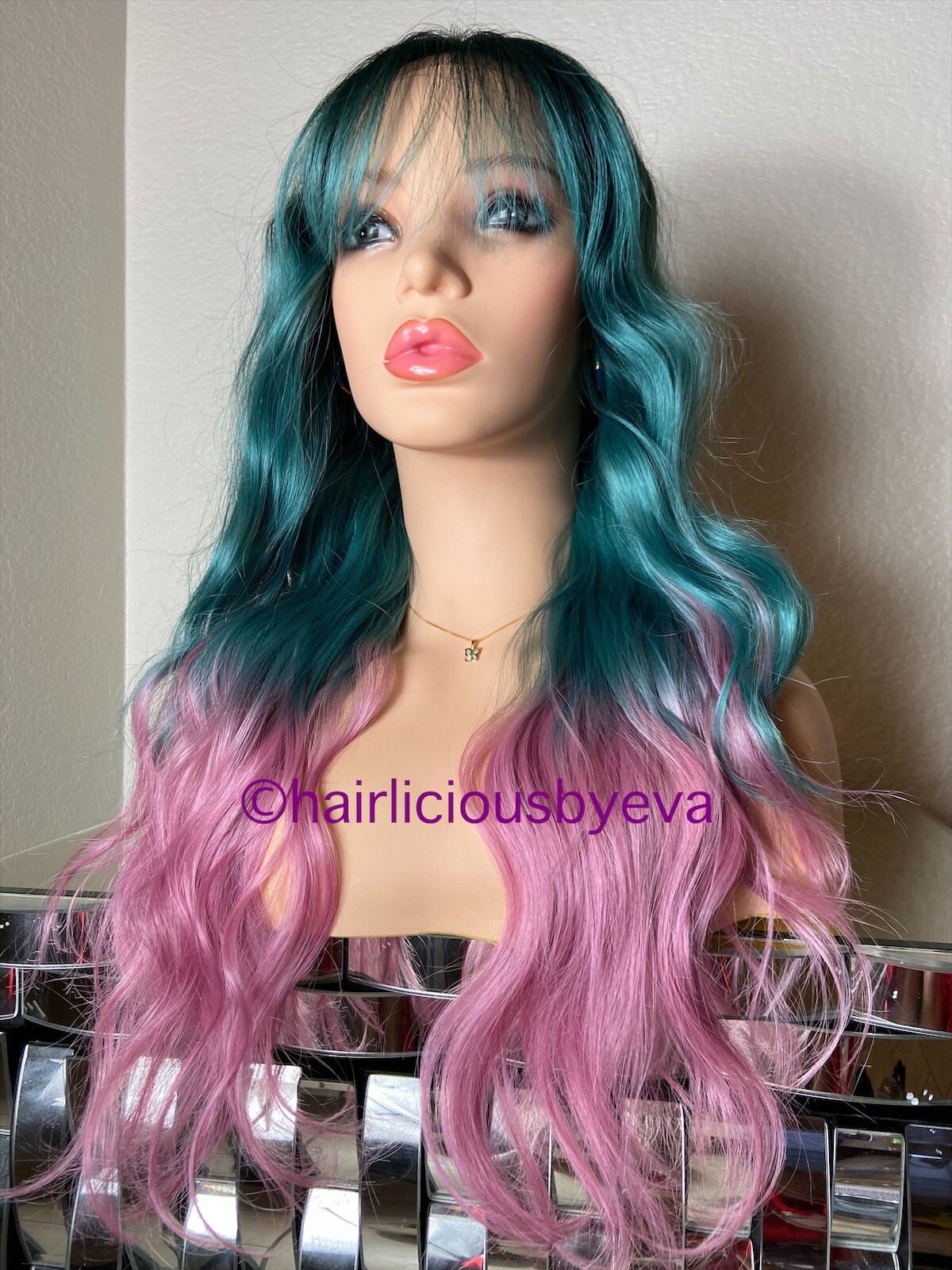 Pastel Rainbow Wig Ombré Green Pink Dark Roots Lace Front 24” Long Wavy Layere