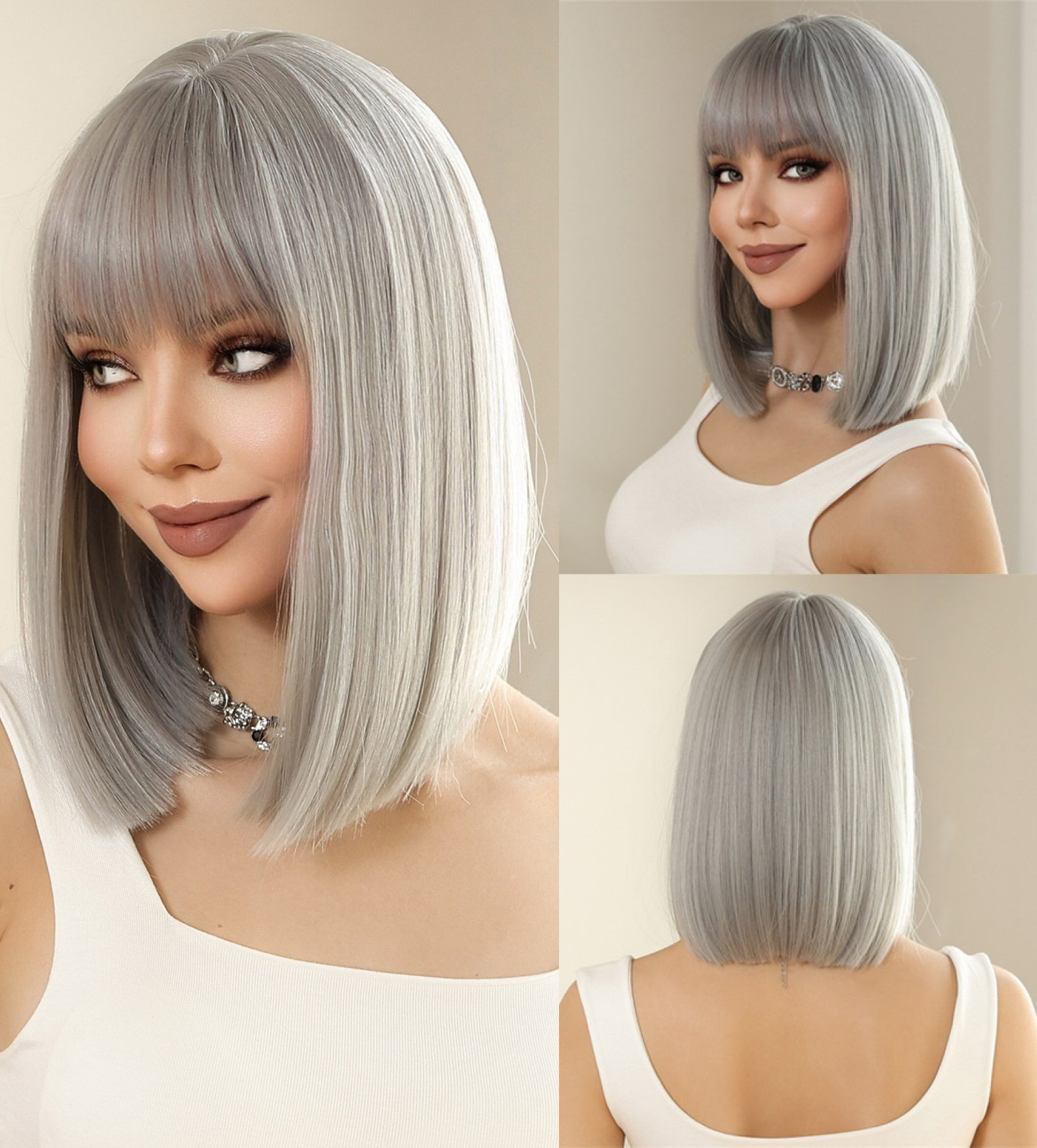 Grey Soft Synthetic Hair Heat Resistant Straight Costume Wigs With Bangs
