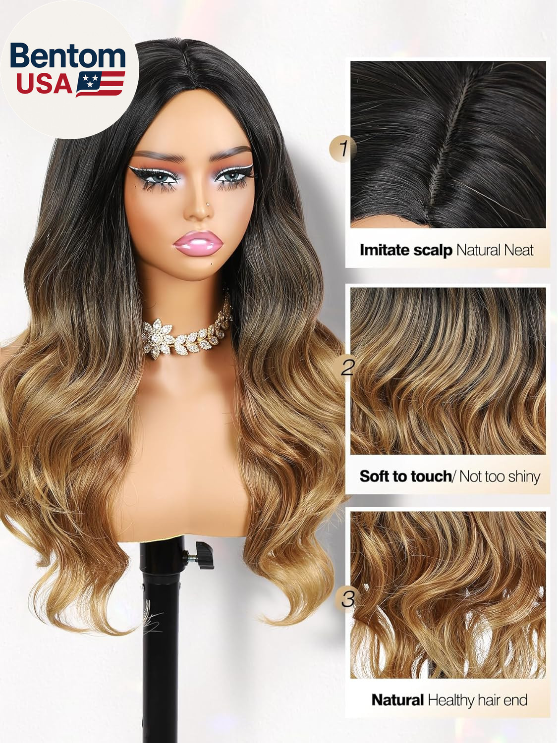 Ombre Wigs Black to Light Brown Side Part Long Wavy Wig Heat Resistant Synthetic