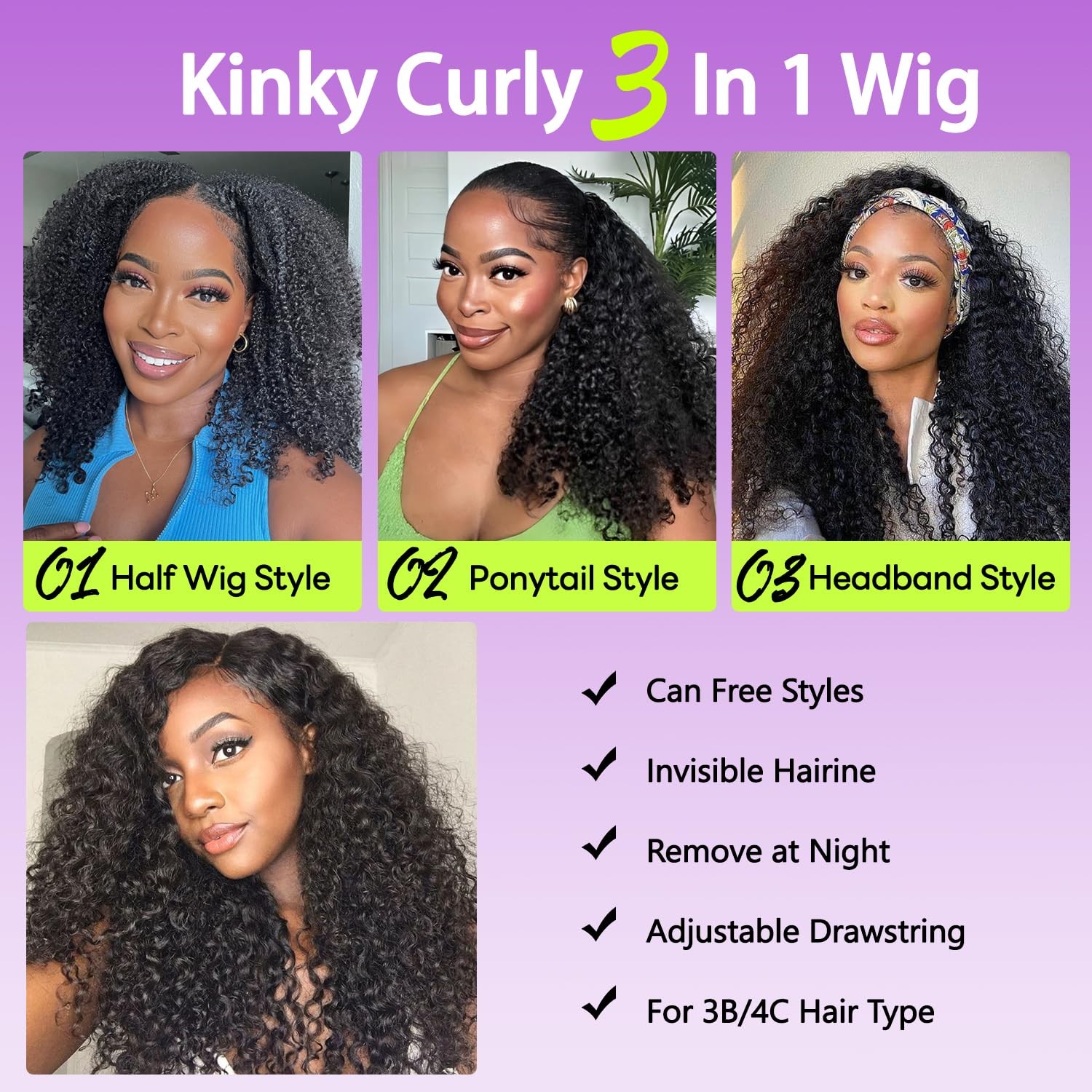 20 Inch Kinky Curly Half Wig, 3-in-1 Upgrade Synthetic Half Wig with Drawstri…