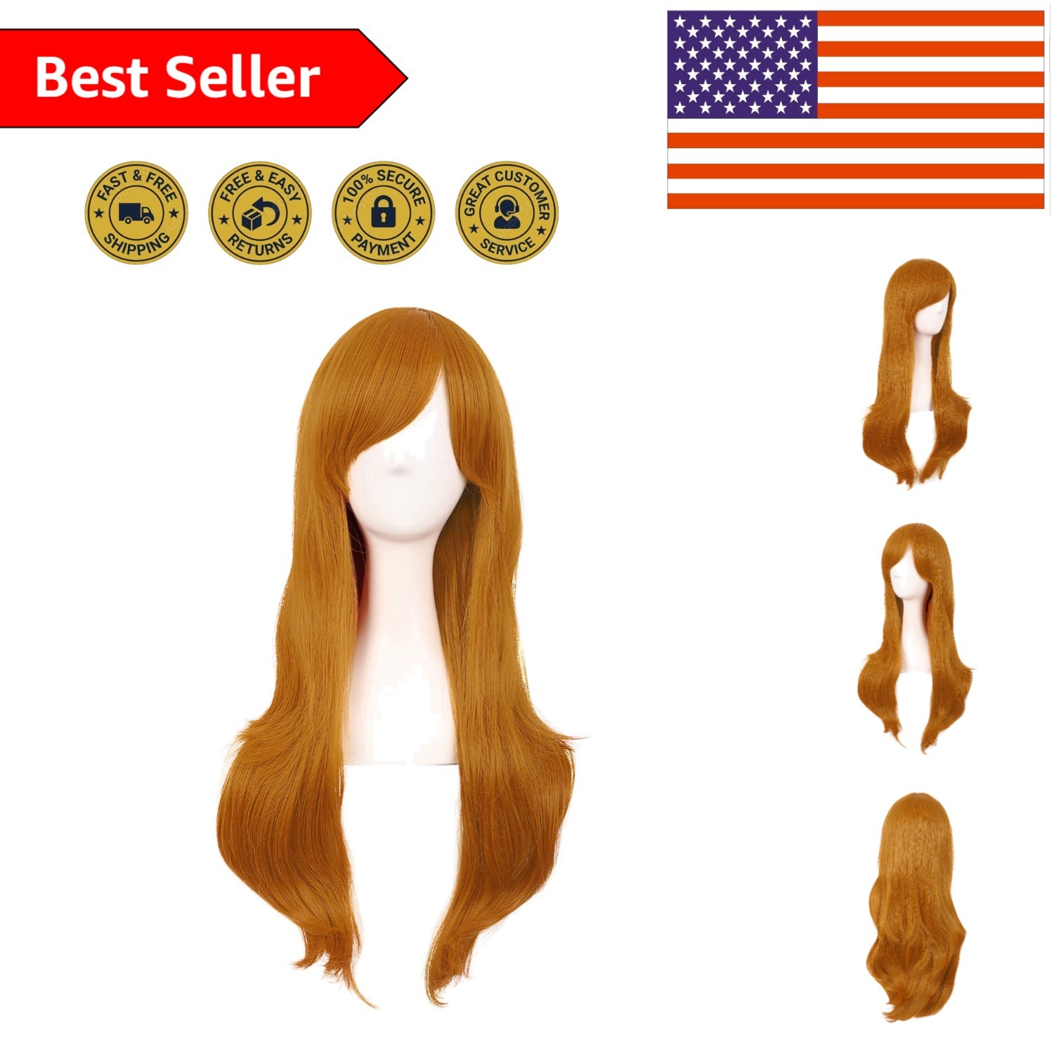 28 Inch Orange Curly Cosplay Wig for Women with Side Bangs – Anime Style