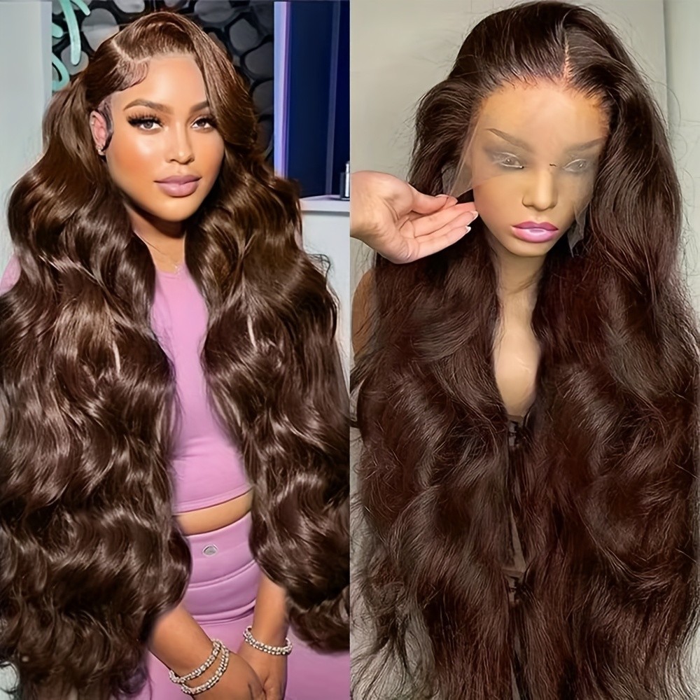 13×4 Heat Resistant Long Natural Wavy Brown Hair Glueless Frontal Lace Wigs Soft