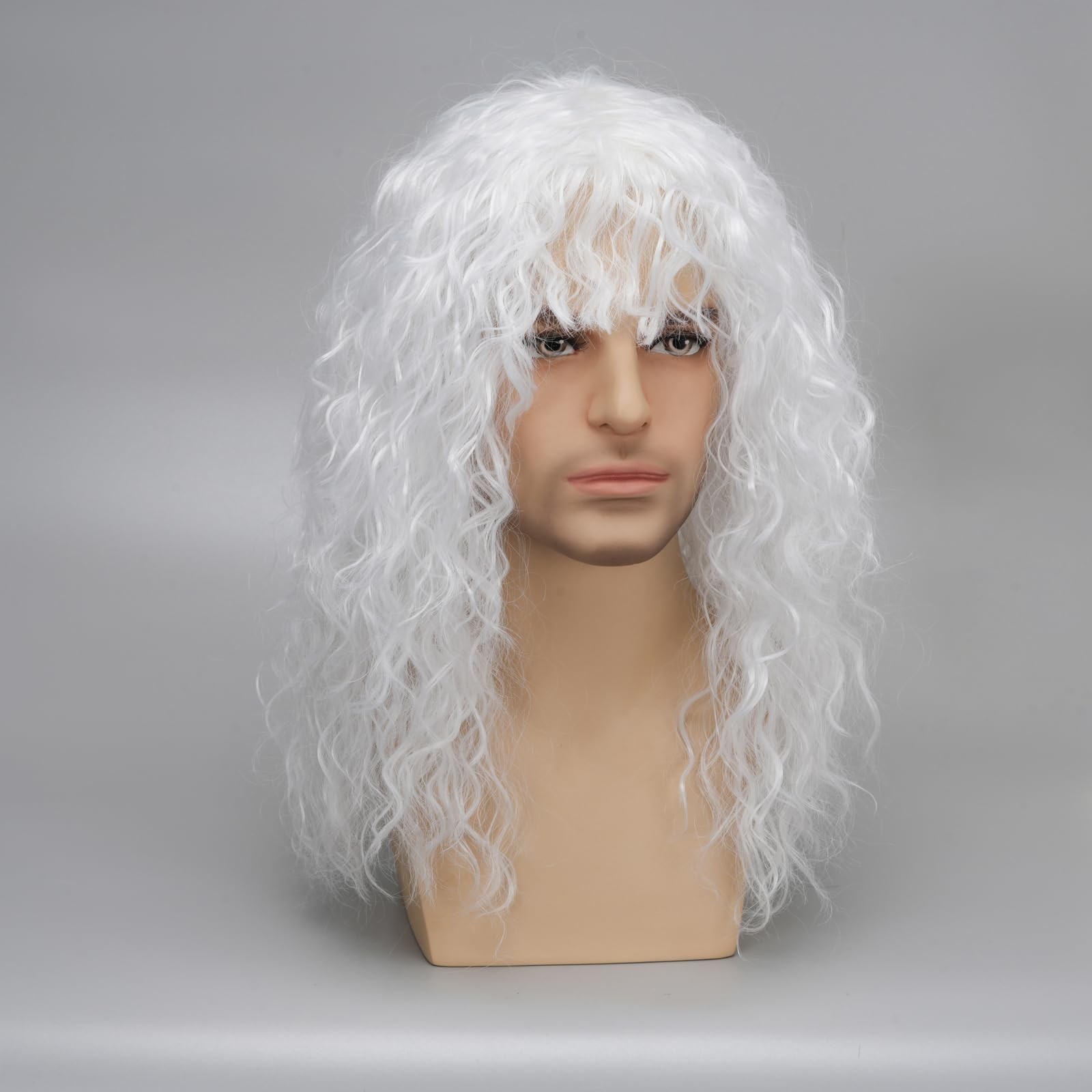 Mens 80s Long Curly White Wig Mullet Wigs Men Costume Heavy Metal Rock Wig Ha…