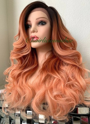 GORGEOUS Custom Ombré Peach Brown Wavy Soft Layered Long Wig – Lace Front 24”