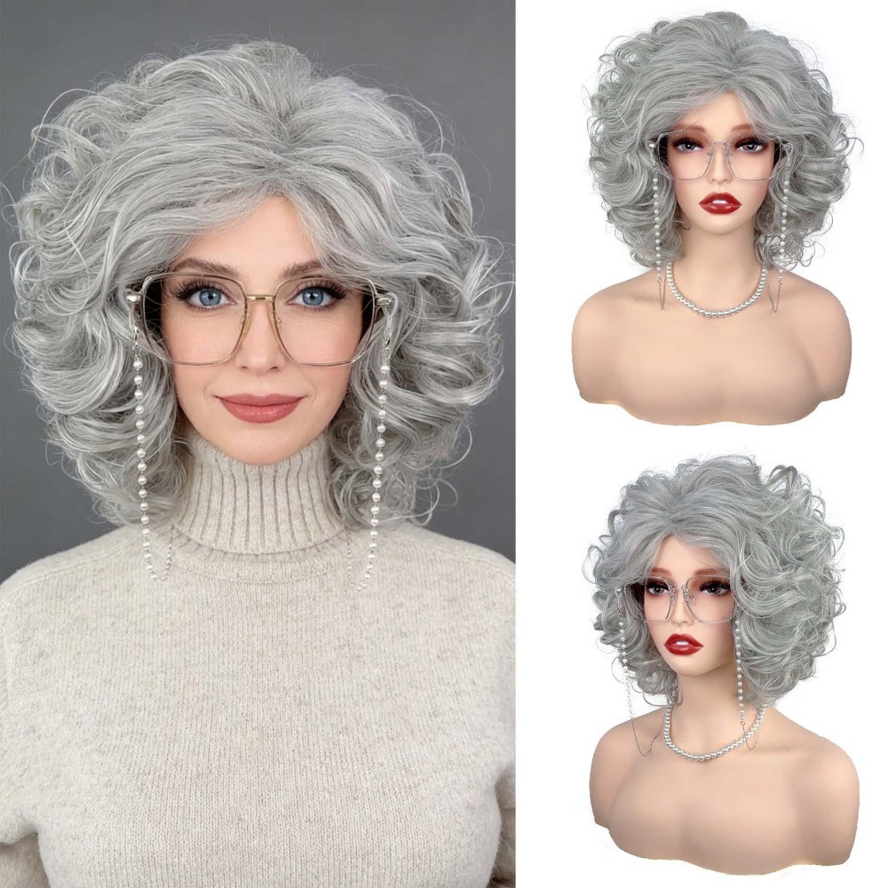 Granny Grey Wig Women Elderly Lady Short Beanie Hairpiece Universal Cosplay Wigs