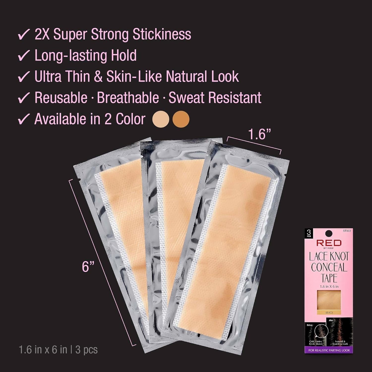 Reusable Sweat-Resistant Silicone Wig Tape for Lace Knots Beige 3 Pieces