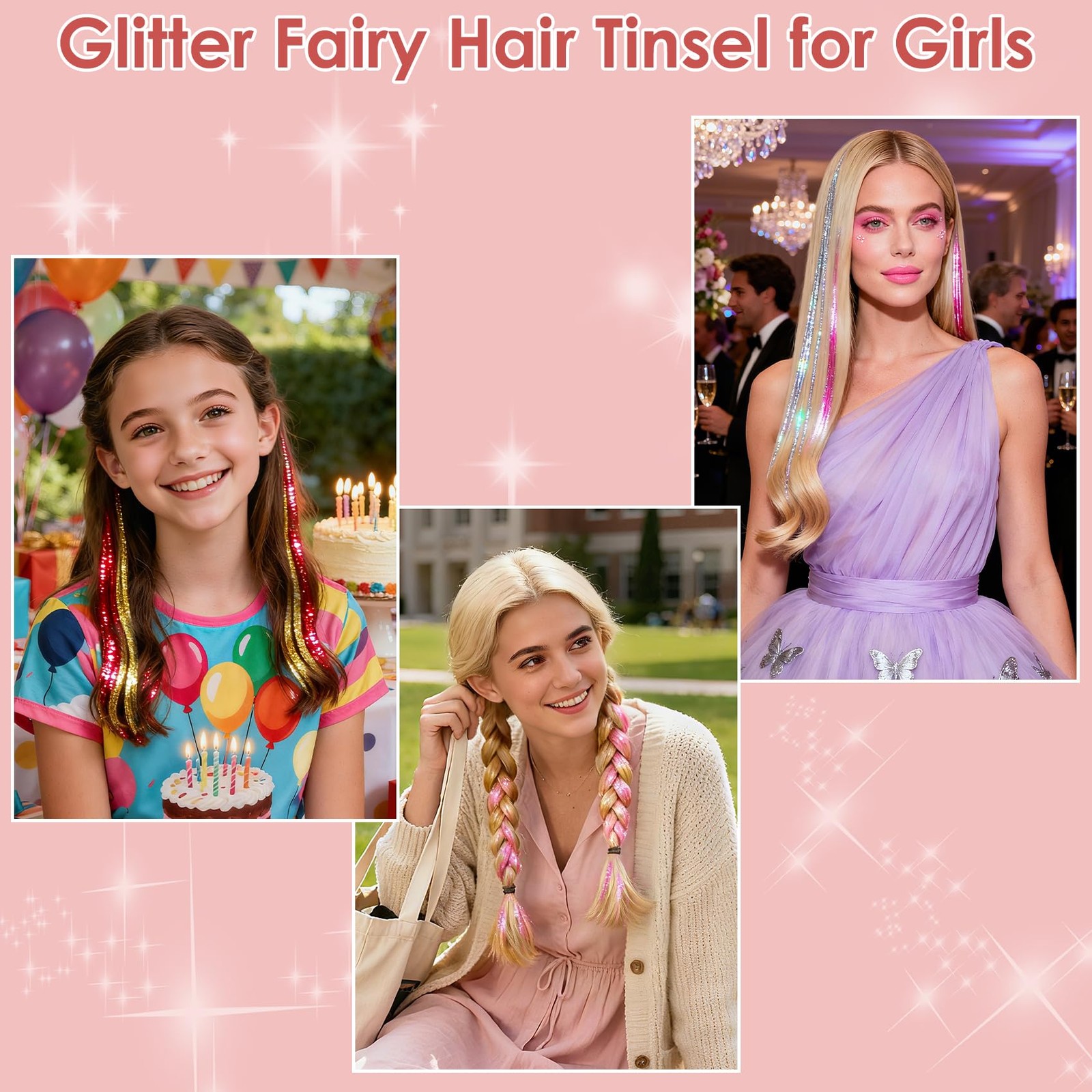 8400 Strands Hair Tinsel Kit 24 Colors 48in Heat Resistant Glitter Hair