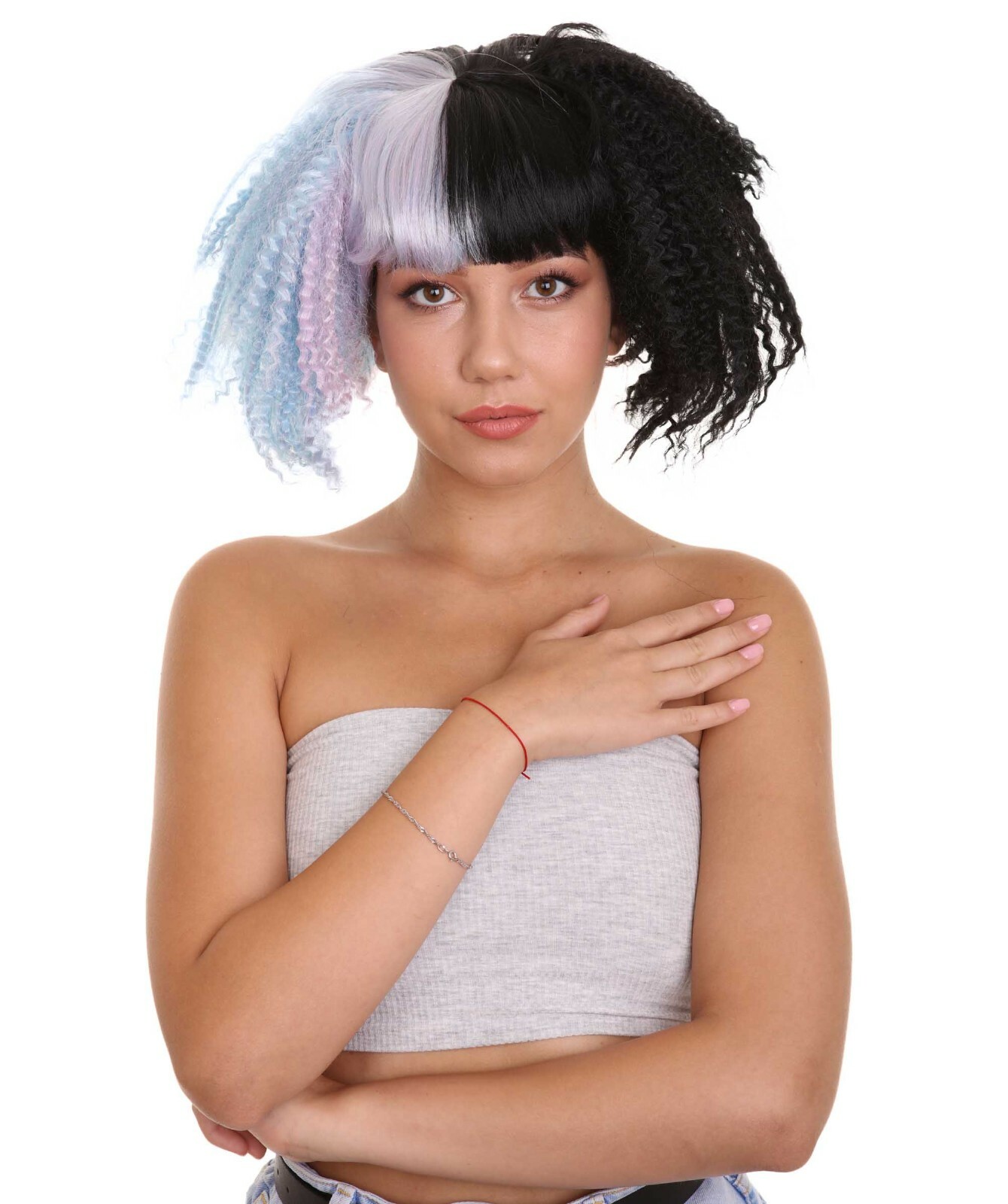 Adult Light Blue Black Ponytails Wig for Cosplay Melanie Crimped Party HW-1433A
