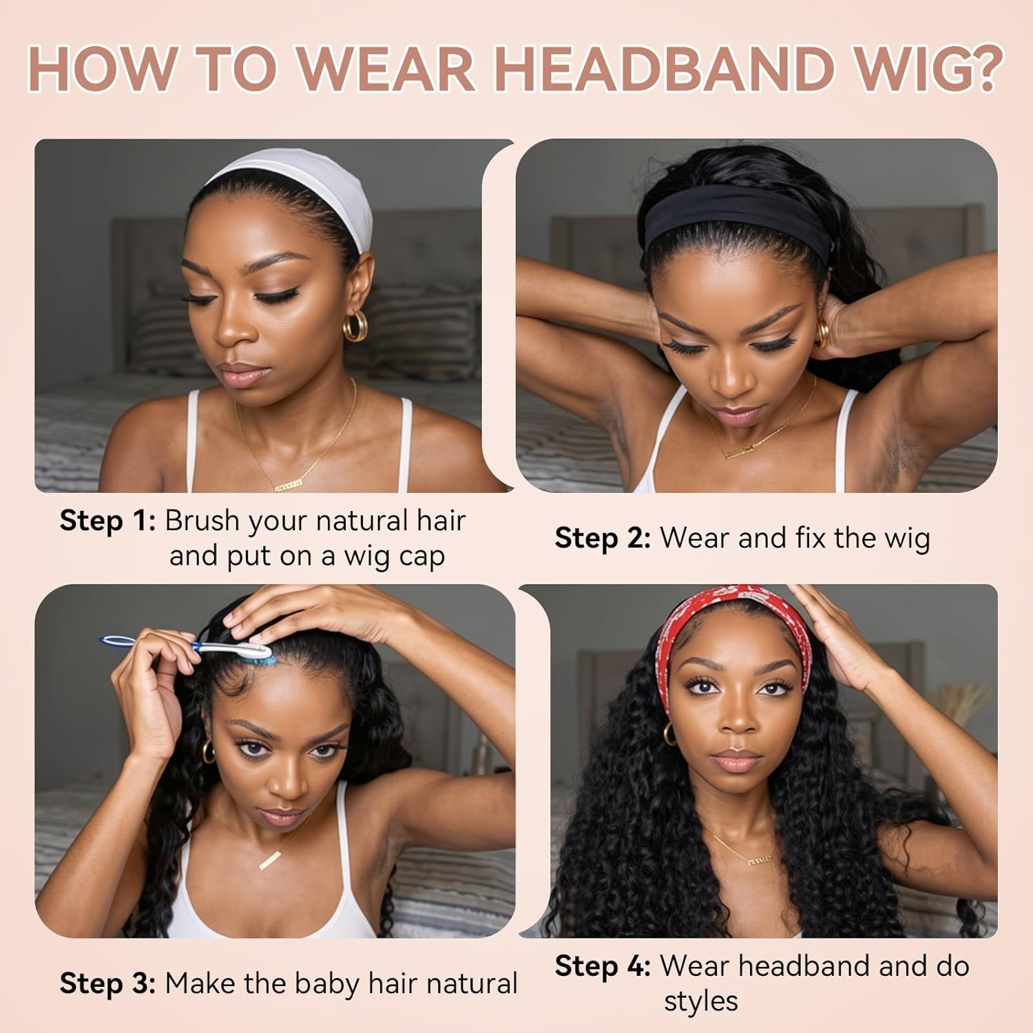 Curly Headband Wig for Women, Long Curly Deep Wave Glueless Wig 26 Inches Long