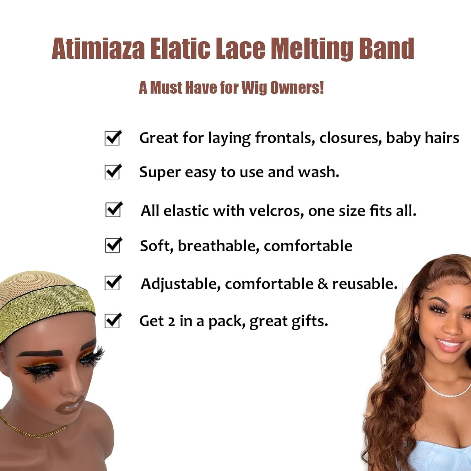 2 Pcs Elastic Gold Lace Melting Bands – Wig Band for (Pack of 2)
