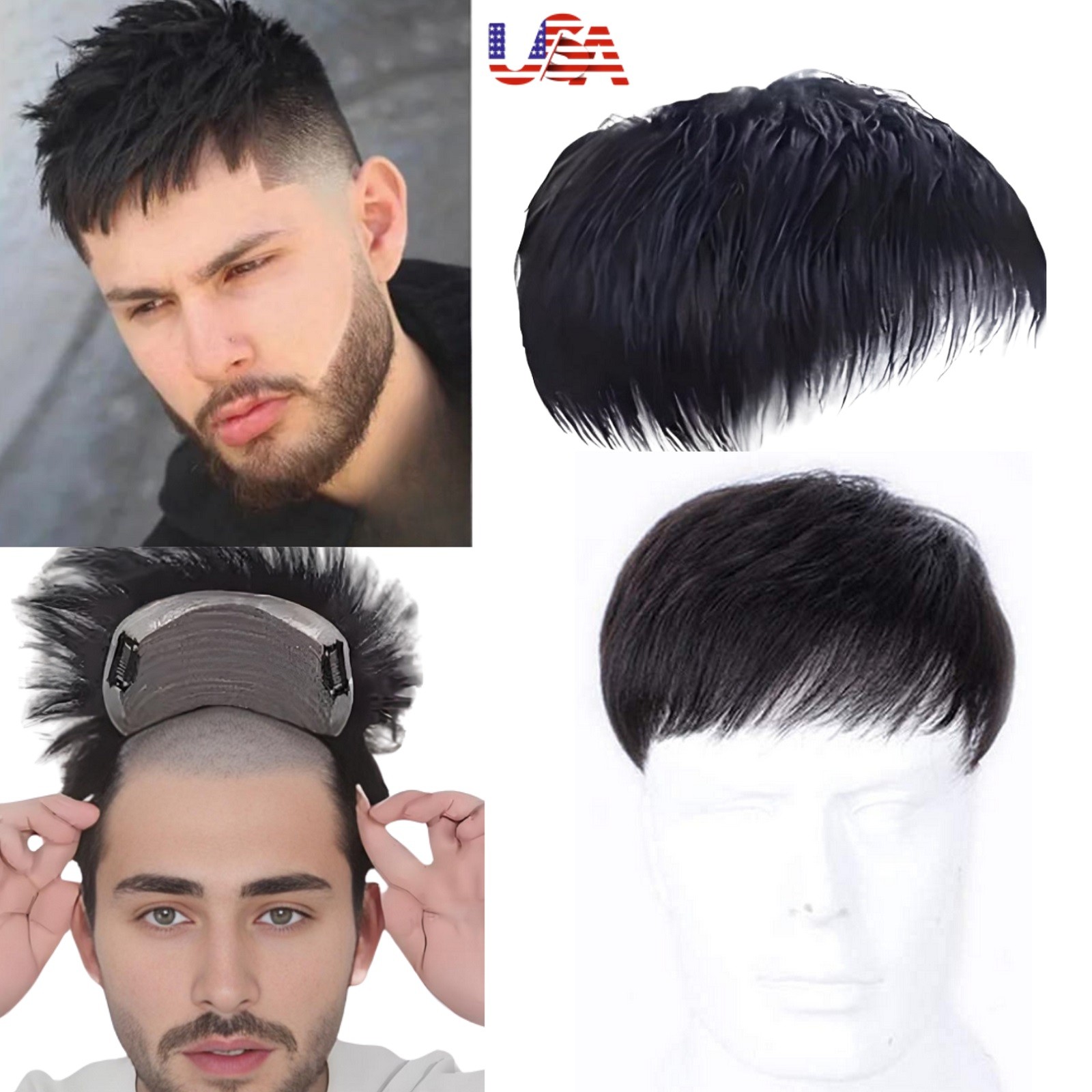 Men’s Straight Short Black Wigs Hair Pieces Short Wig w/ Bangs Clip-On Daily USA