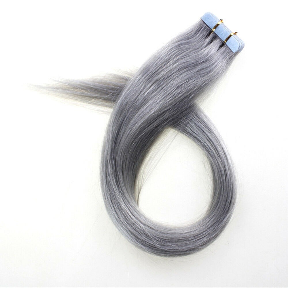 Seamless Tape in Real Human Hair Extensions Skin Weft Remy Hair SilverGray Color