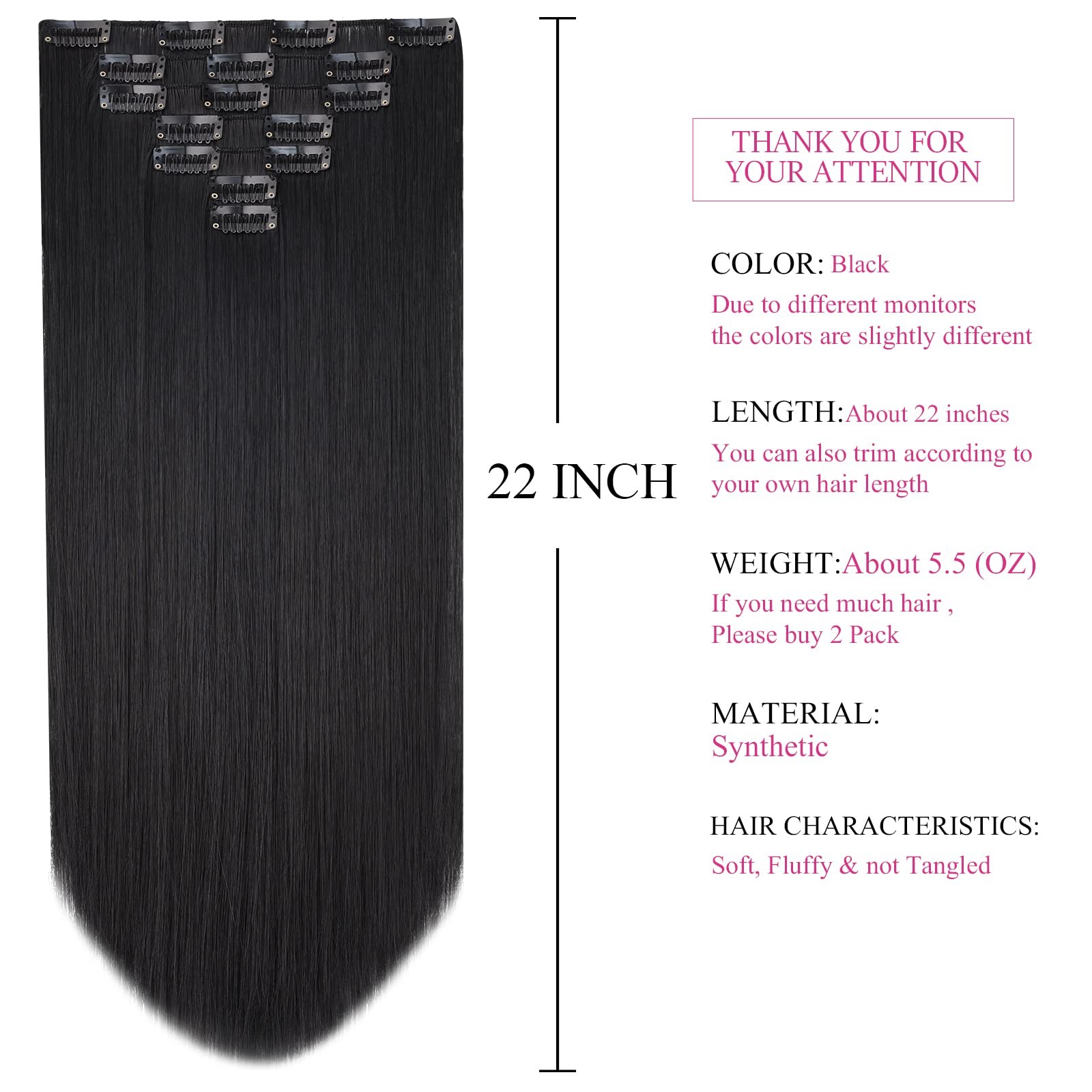 Black Hair Extension Straight Clip Hair Extensions 22″ 5 Oz Synthetic Cheap F…