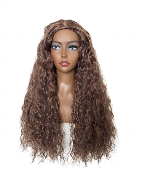 Black Water Wave Yaki Curly Wig with Middle Part Heat Resistant Synthetic Full