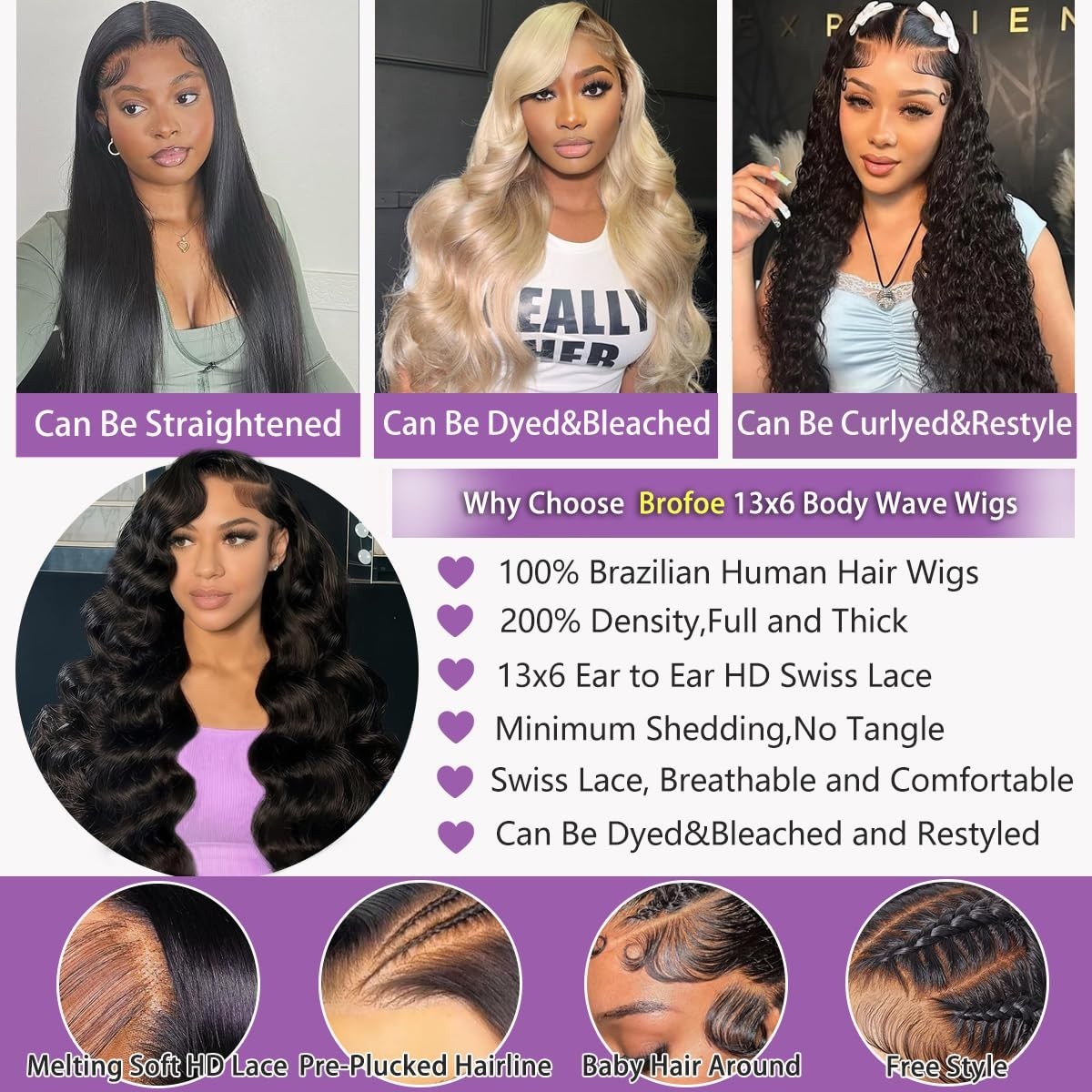 32″ 13×6 Lace Front Wig Human Hair 200 Density Body Wave HD Lace – Pre-Plucked,