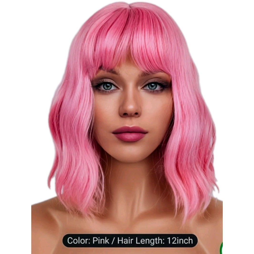 12″ Pink Wavy Wig with Bangs – Pastel Rose Gold Synthetic Bob – Heat Resistant