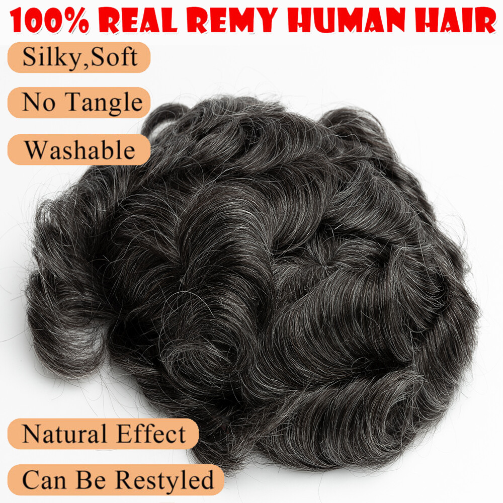 Mens Toupee Human Hair Replacement System Super Thin Skin Full PU Hairpiece Wigs