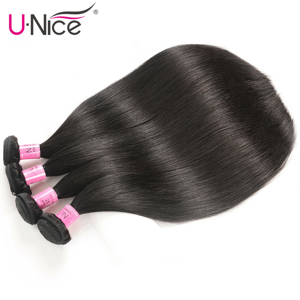 UNice Brazilian Straight Human Hair Extensions 4 Bundles Weave With Lace Closure
