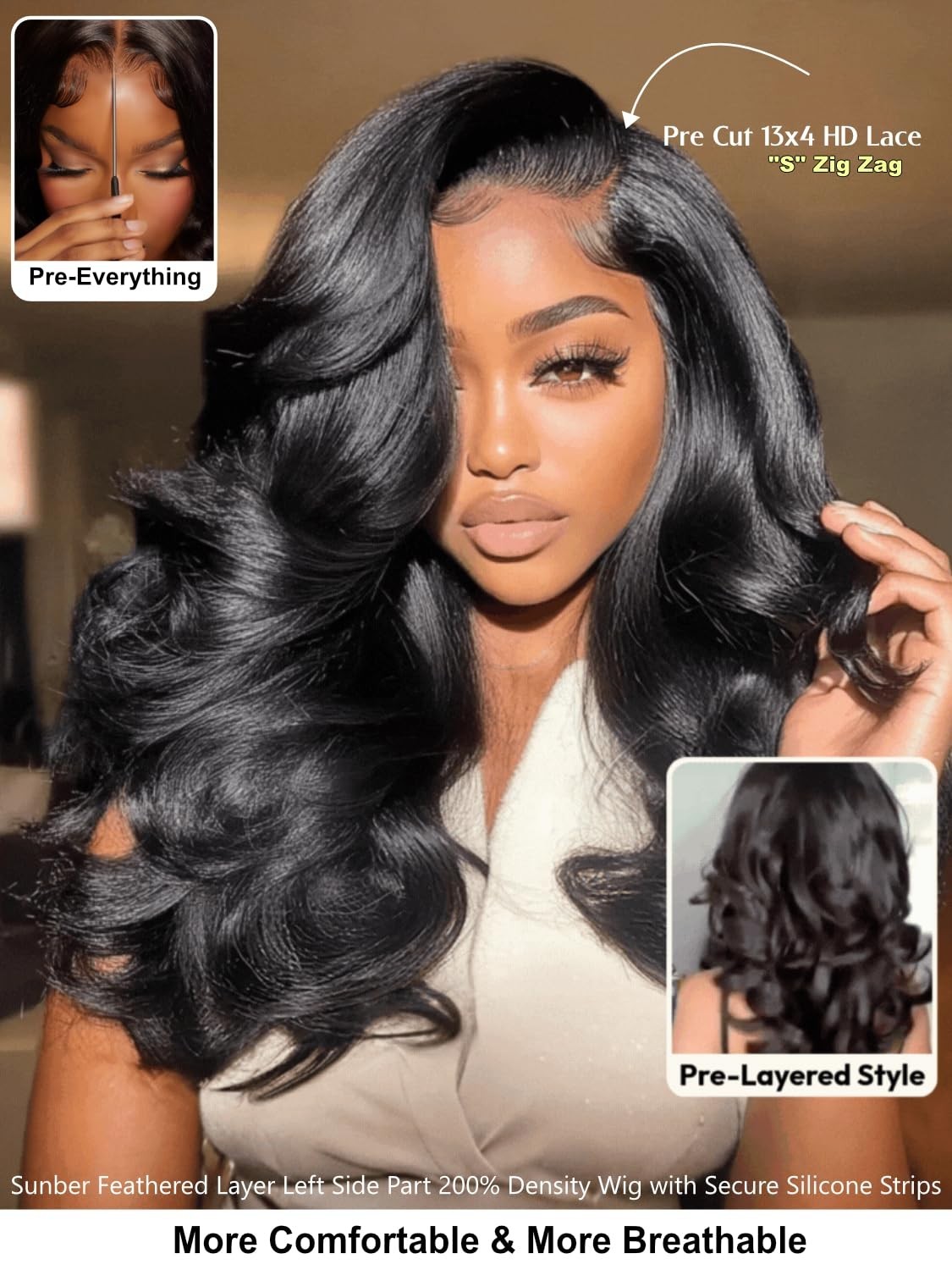 200% Density Body Wave Lace Front Wig – 20″ Feathered Layer, Glueless, Pre-Pluck