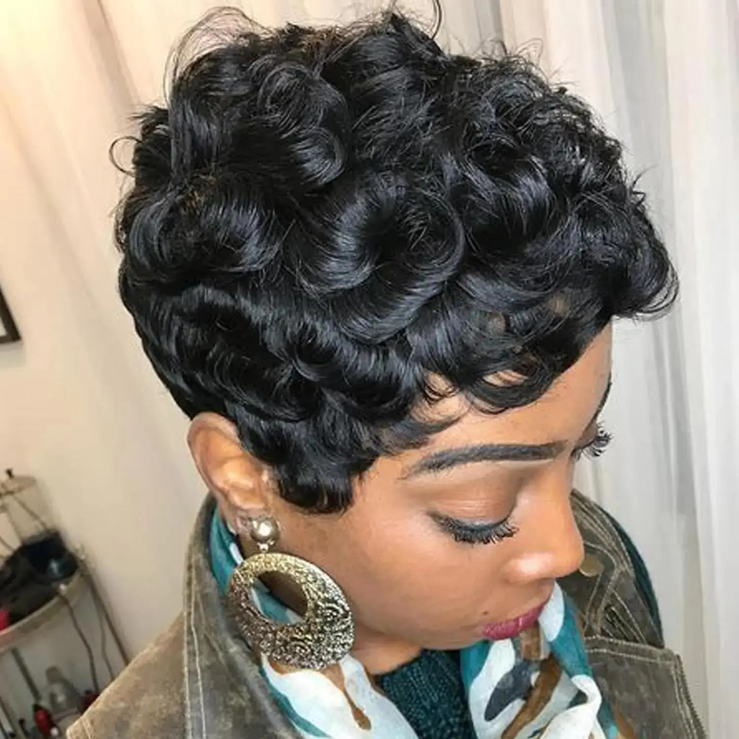 Fake Hair Natural Wavy Black Elf Short Curly Wig Synthetic Wig For Black Women