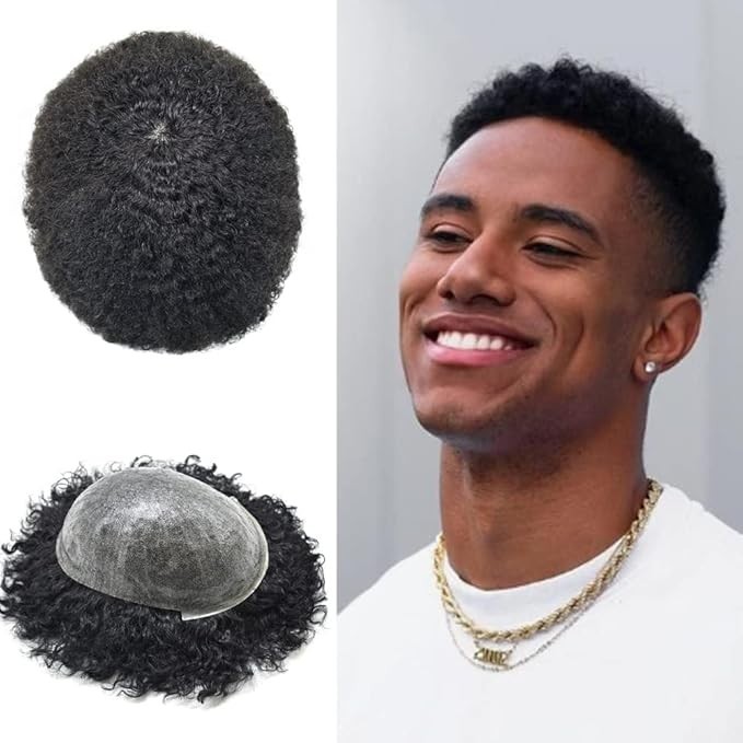 Afro Toupee for Black Men 6MM Curly Brazilian Hair System PU Base 1B Black